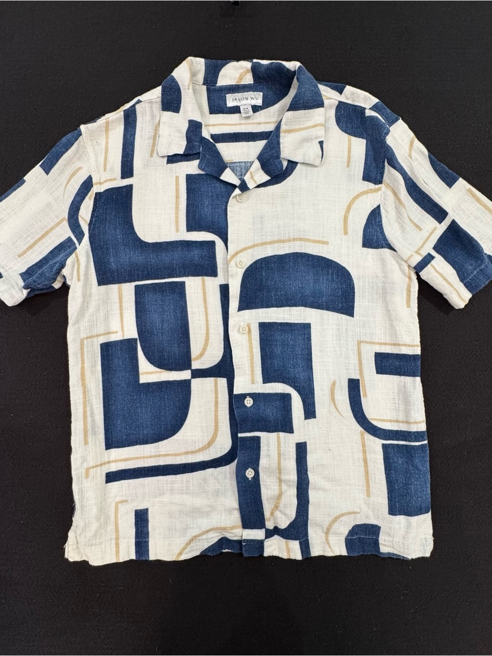 Jason Wu Navy and Tan Geometric Short Sleeve Button-Down Shirt